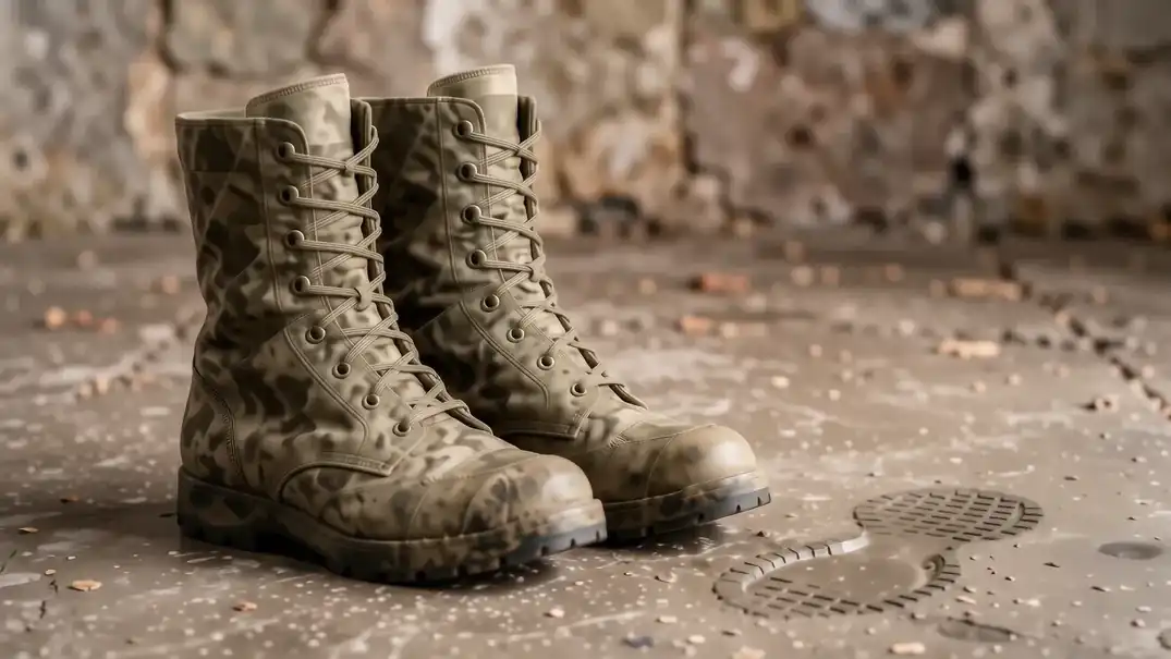 Militärstiefel neben einem flachen Fußabdruck