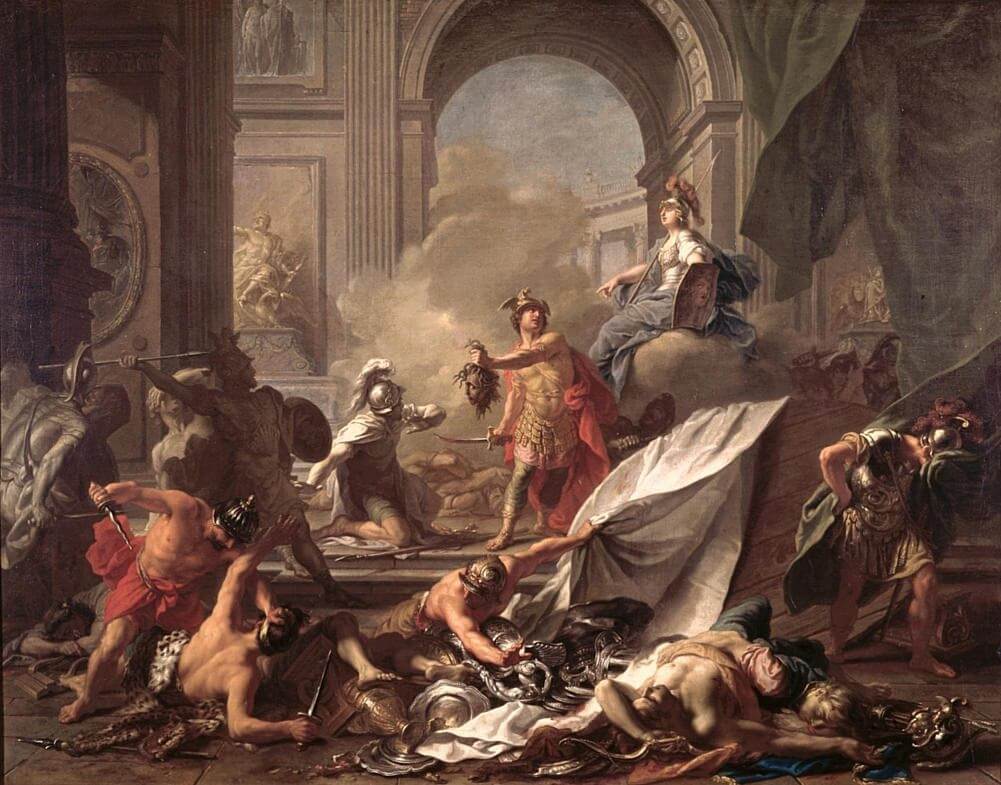 Perseus, beschützt von Minerva, verwandelt Phineas in Stein, indem er Medusa den Kopf abschlägt